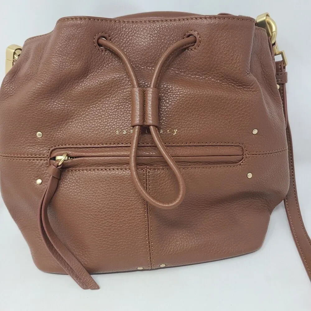 Sanctuary Brown Leather Drawstring Bucket Bag Handbag Purse New without Tags